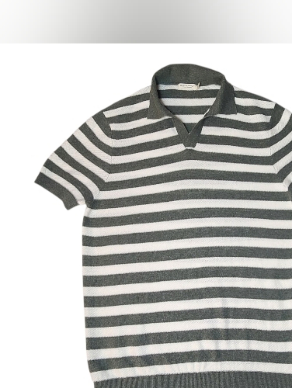 Suitsupply Gray and White Striped V‑Neck Short‑Sleeve Sweater
